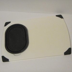 White cutting board with collapsible removable colander strainer 11x16
